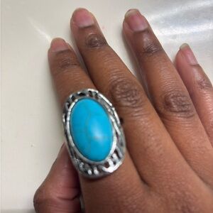 Sterling-Style Turquoise Oval Statement Ring - Blue